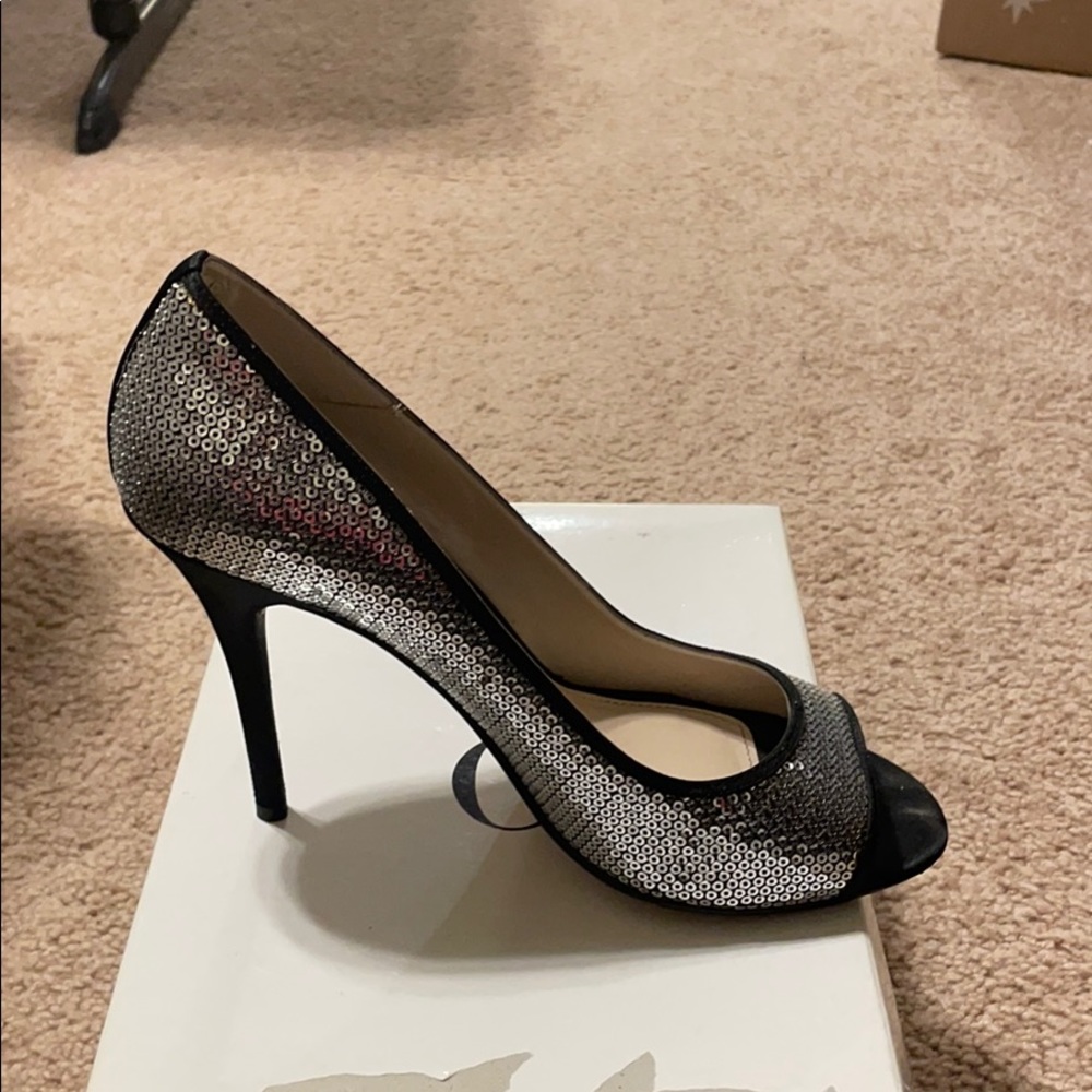 Caparros silver satin open toe shoe